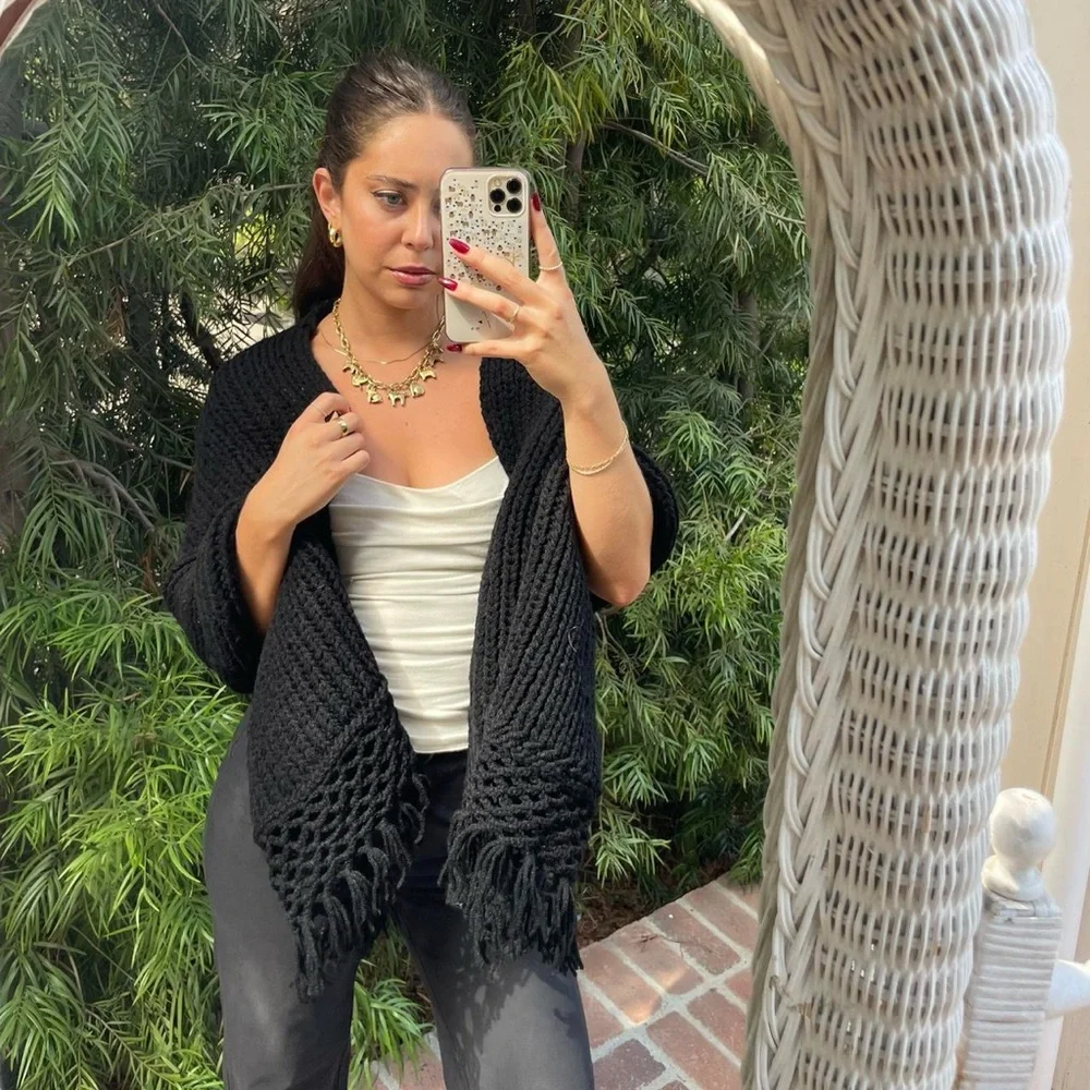 Black handmade crochet shawl poncho with fringe